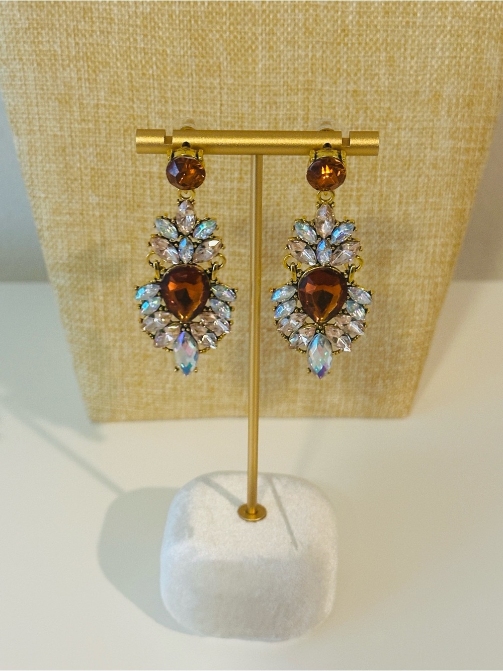 Fashion Jewelry Gold-Tone Brown and Iridescent Crystal Drop Earrings